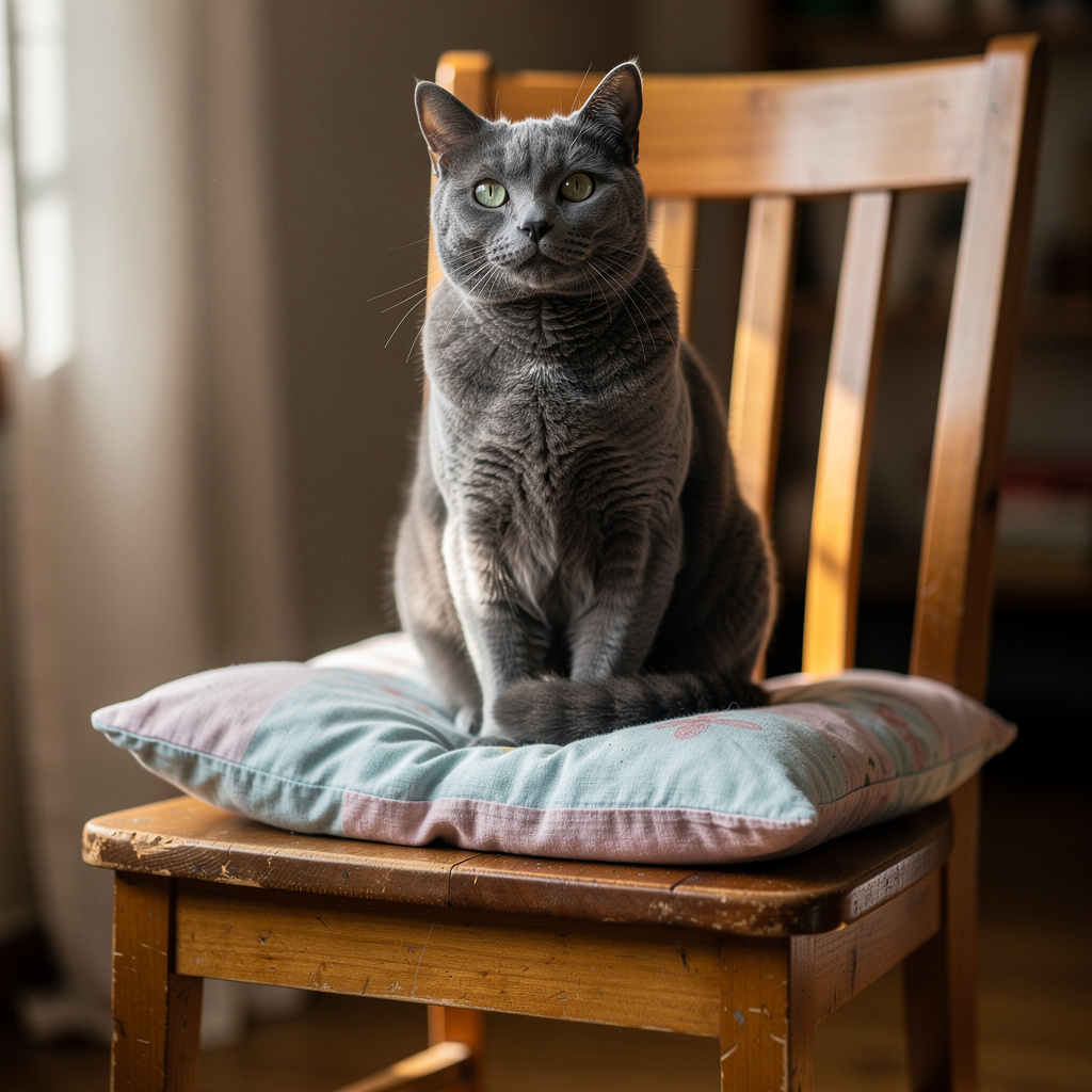 A cat sitting on a pillow, the pillow placed on a wooden cha