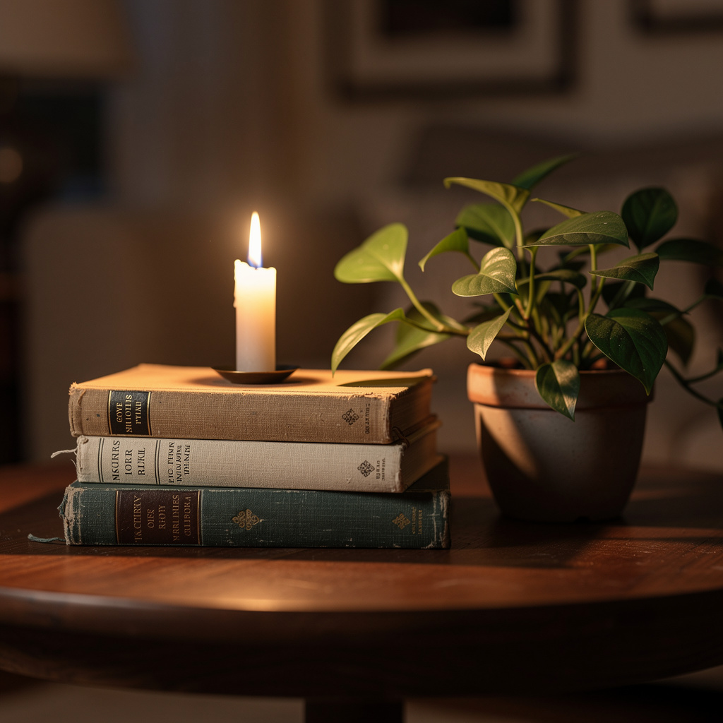 A candle on top of a stack of books, the books next to a pot