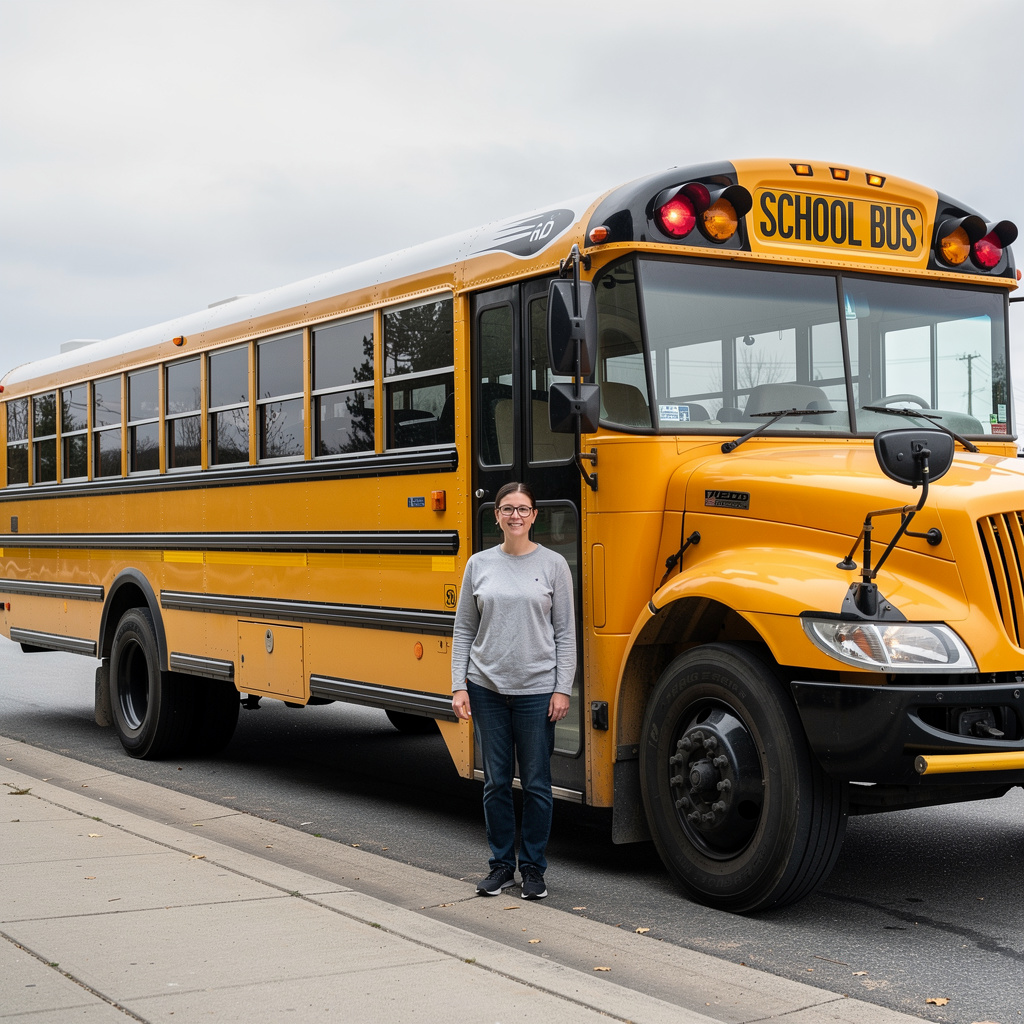 A person standing next to a yellow school bus, showing reali