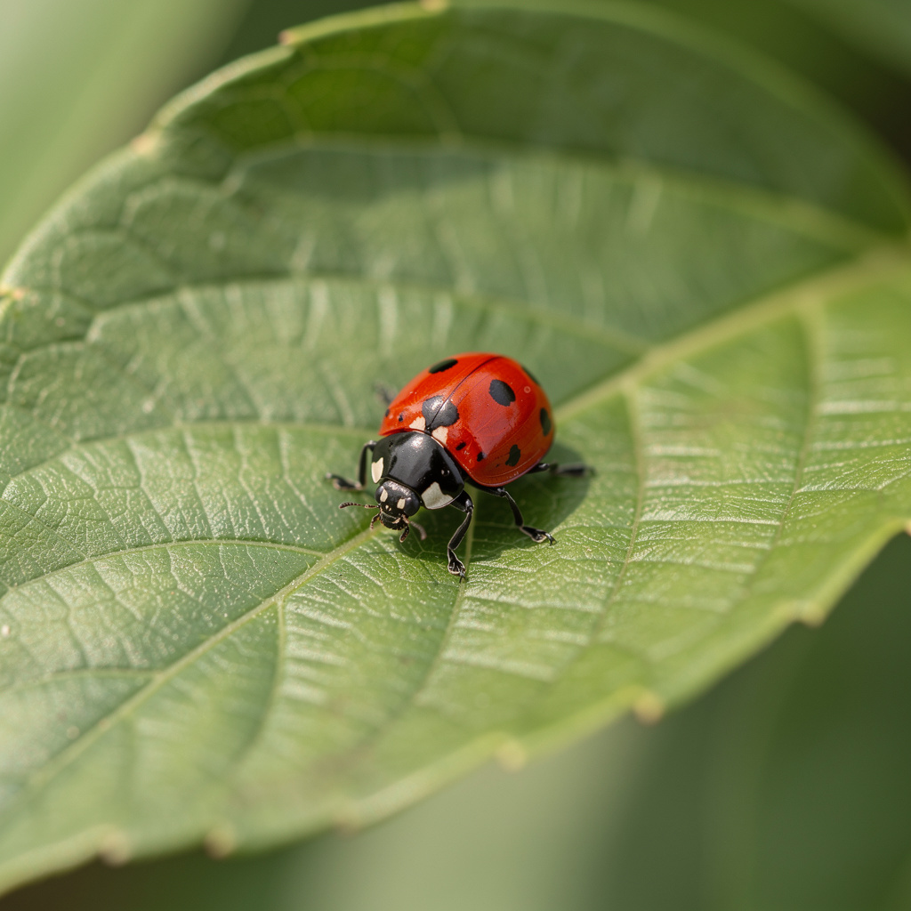 A ladybug sitting on a large green leaf, shown at realistic 