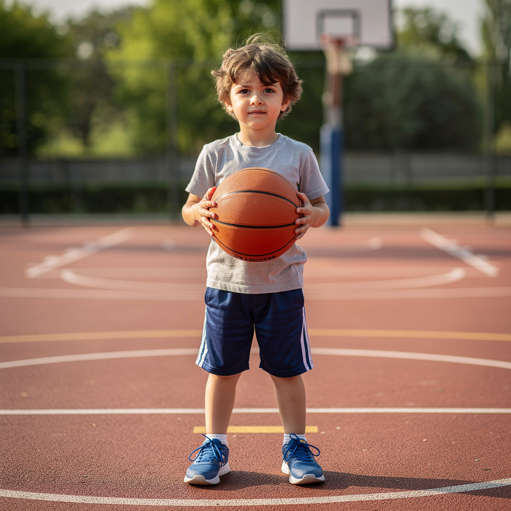 A child holding a basketball, both at correct relative sizes
