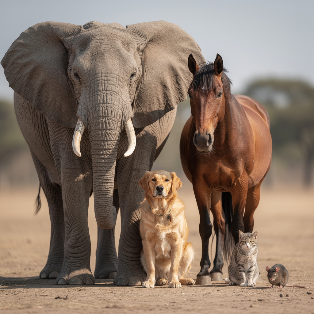 A group photo of an elephant, a horse, a dog, a cat, and a m
