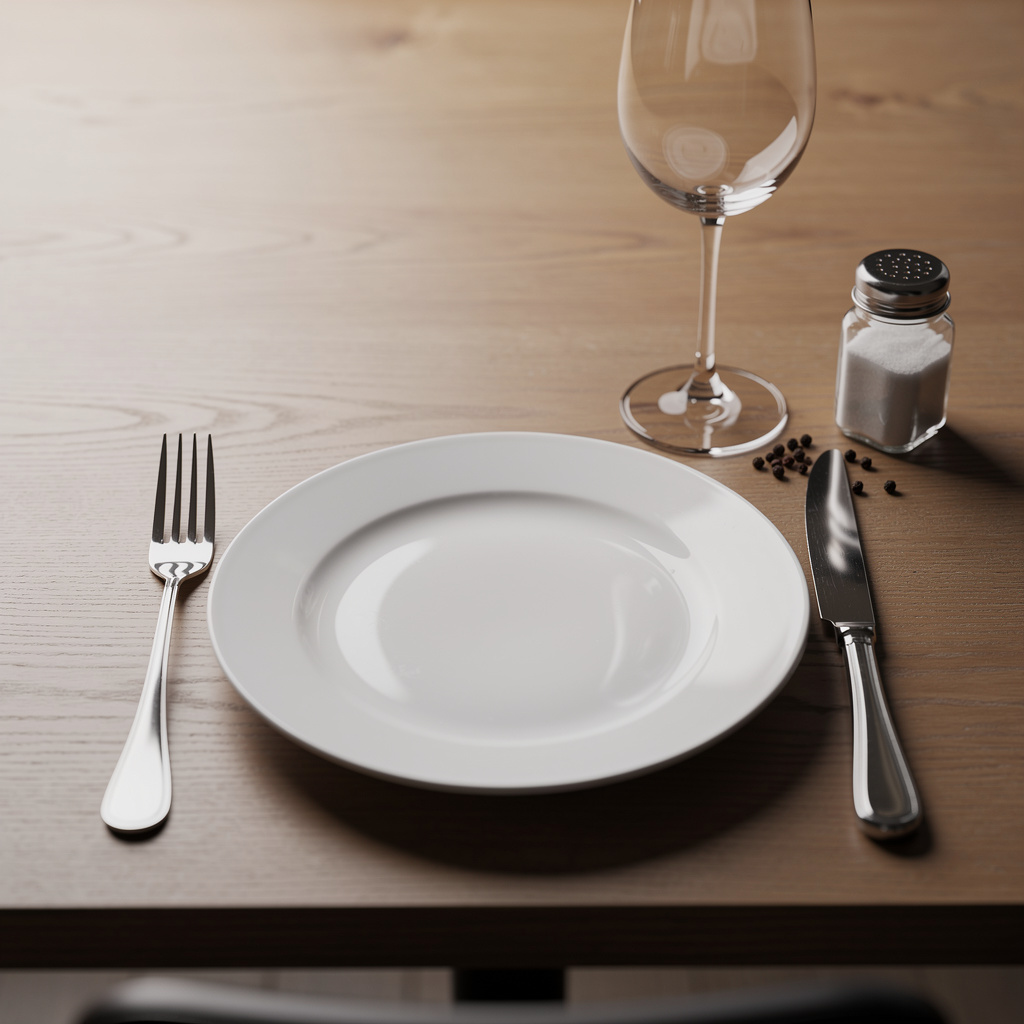 A dinner table scene with a plate, fork, knife, wine glass, 