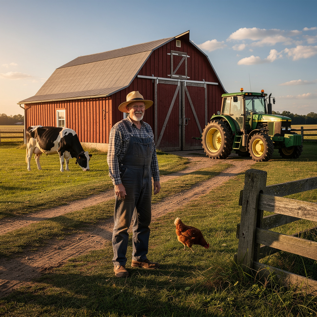 A farm scene with a barn, tractor, farmer, cow, chicken, and