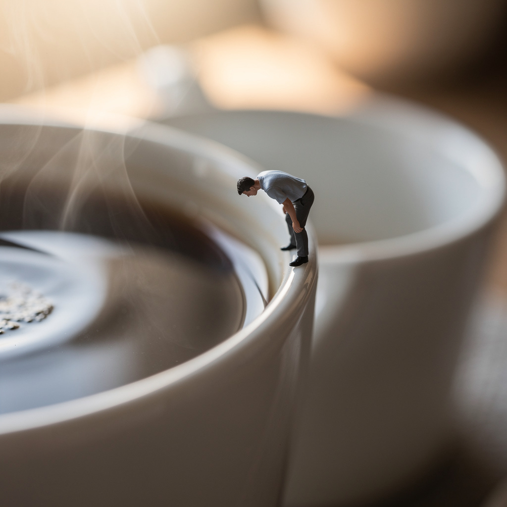 A tiny person standing on the rim of a coffee cup, looking d