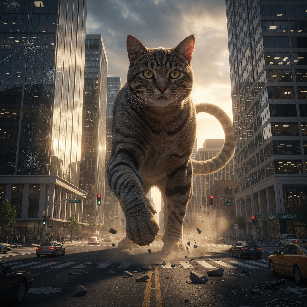 A giant tabby cat walking between city skyscrapers like a ka