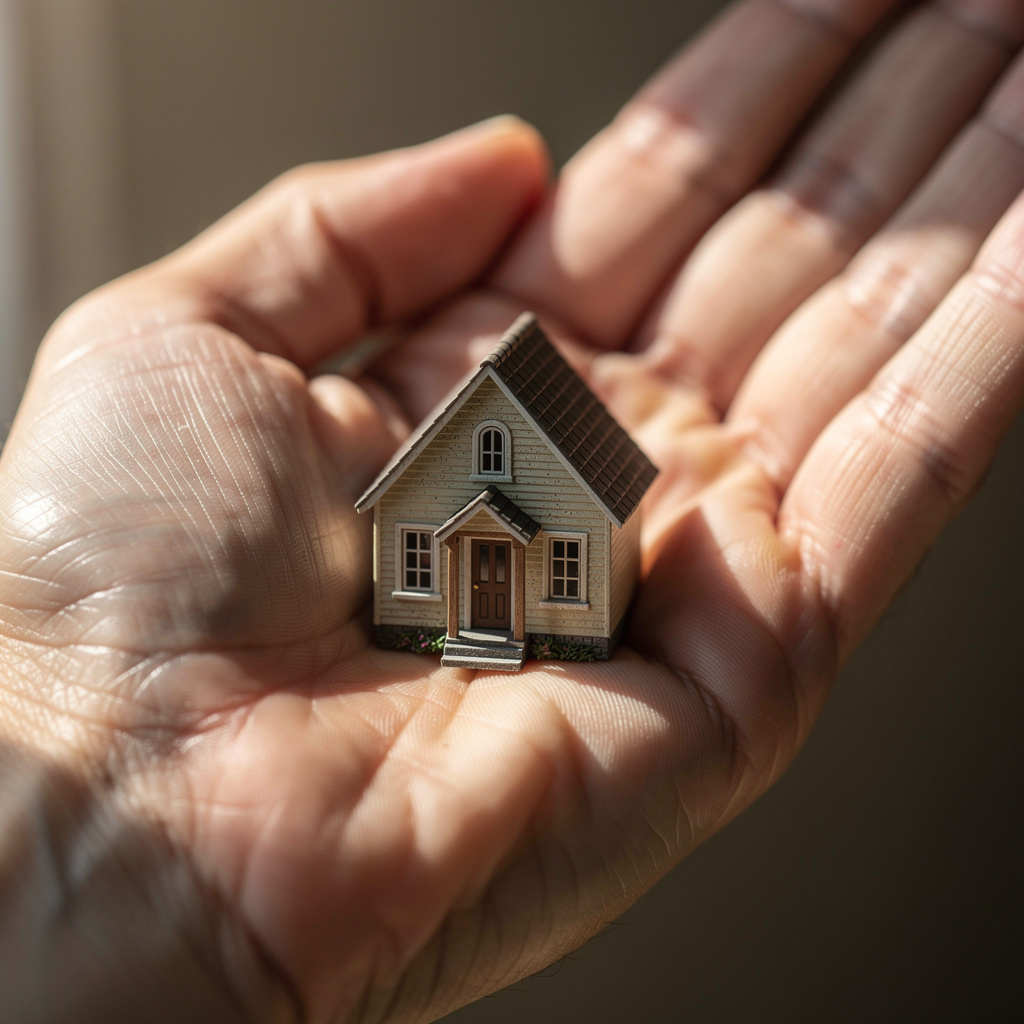 A miniature house sitting on the palm of someone's hand