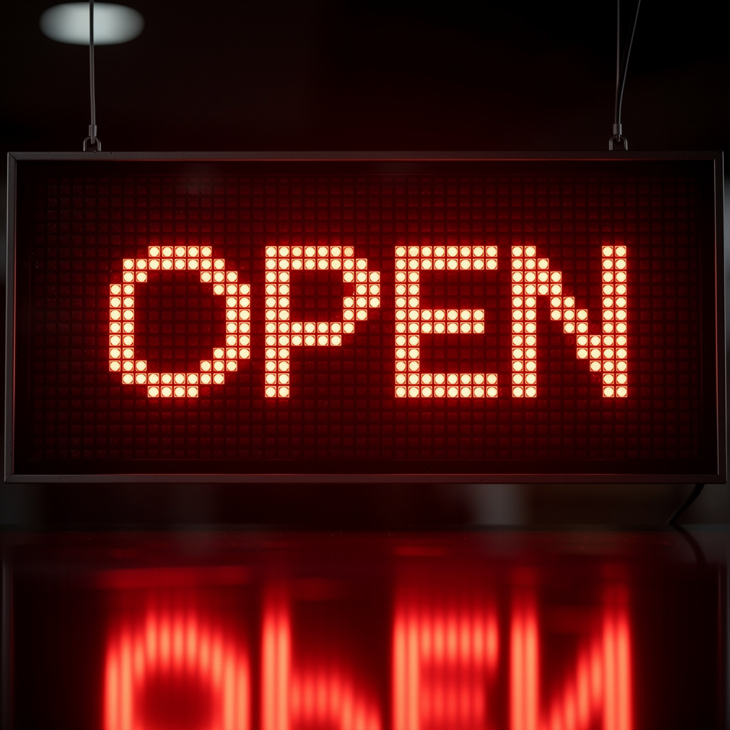 The word 'OPEN' displayed on a red LED sign with glowing pix