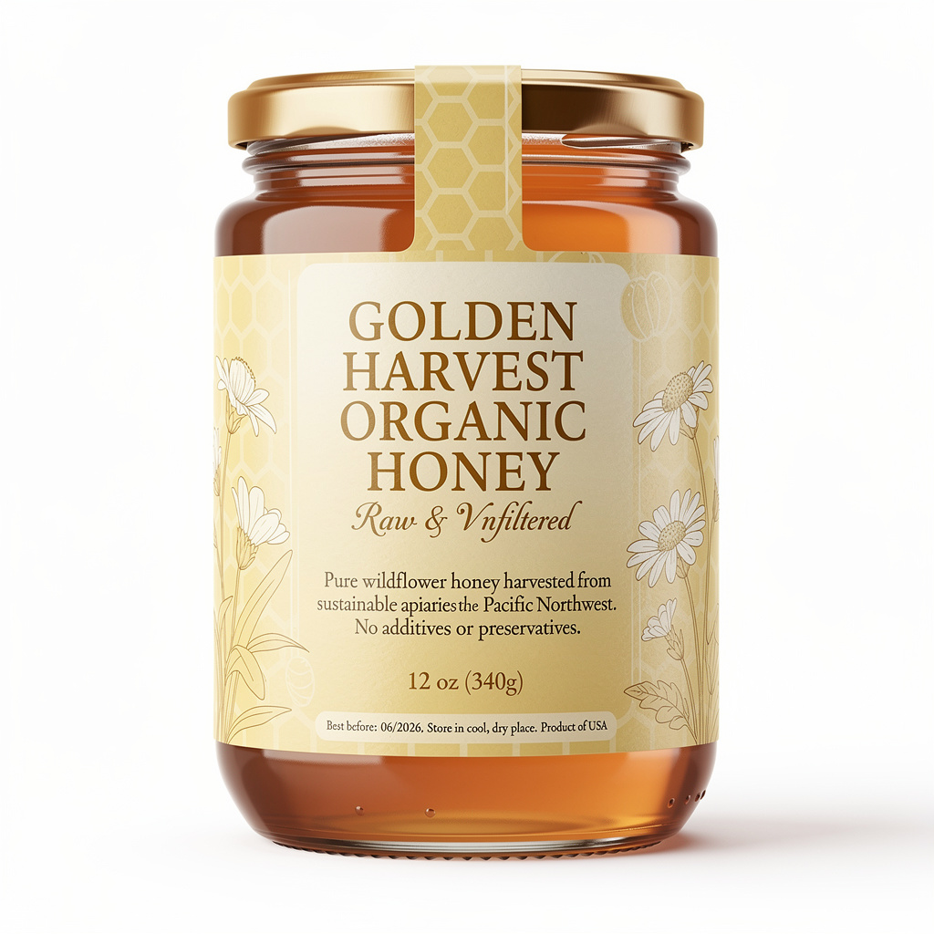 A product label for 'GOLDEN HARVEST ORGANIC HONEY' with subt