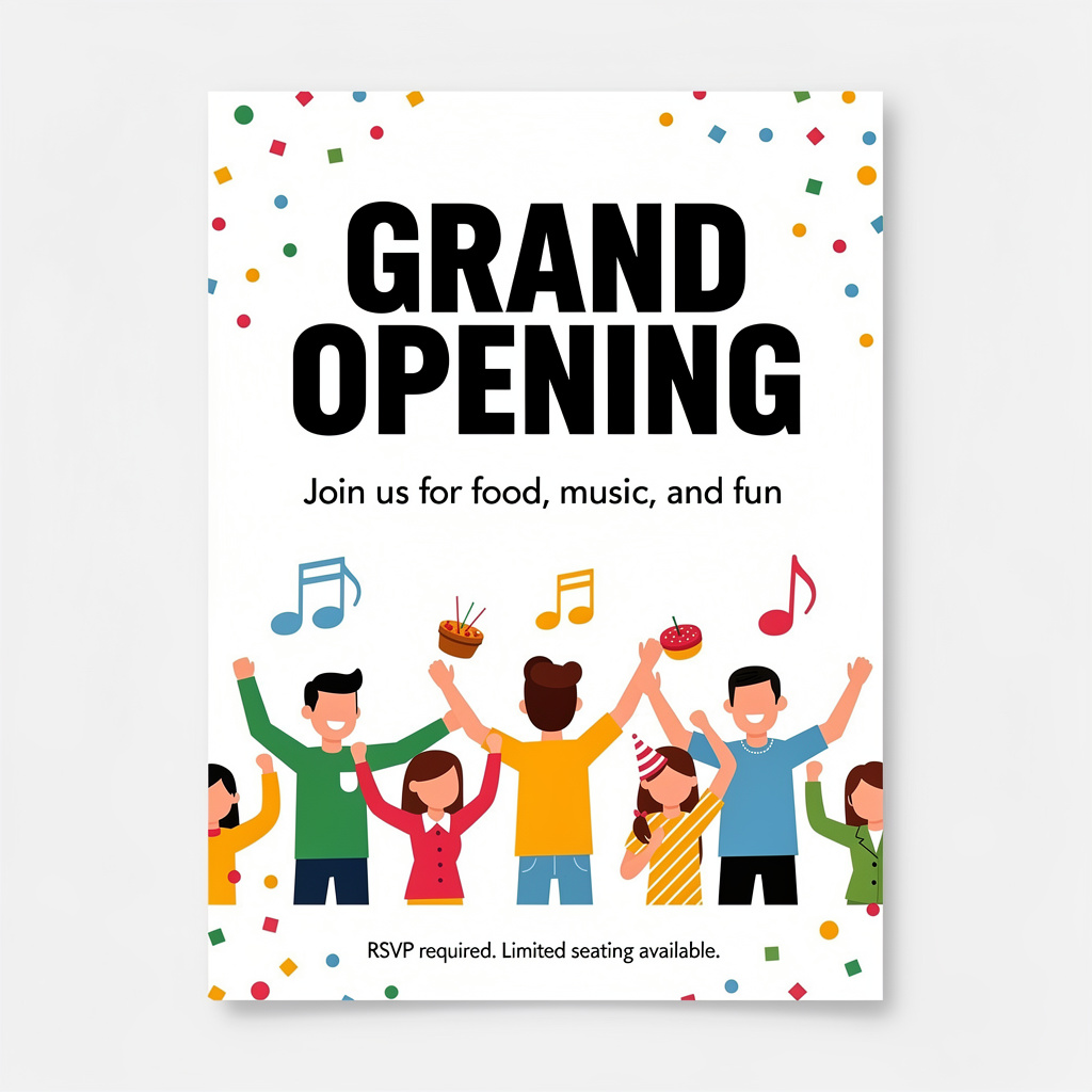 A flyer with large title 'GRAND OPENING', subtitle 'Join us 