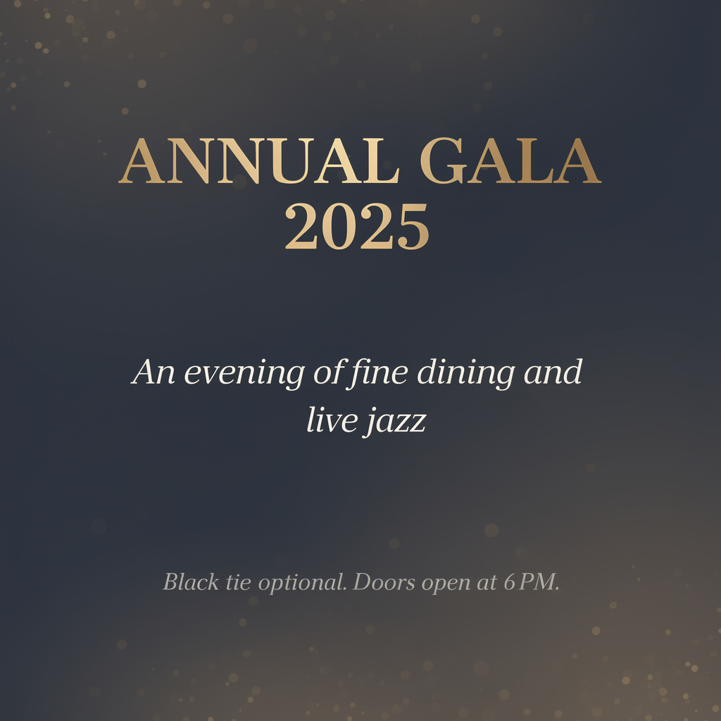 An event banner with headline 'ANNUAL GALA 2025' at the top 