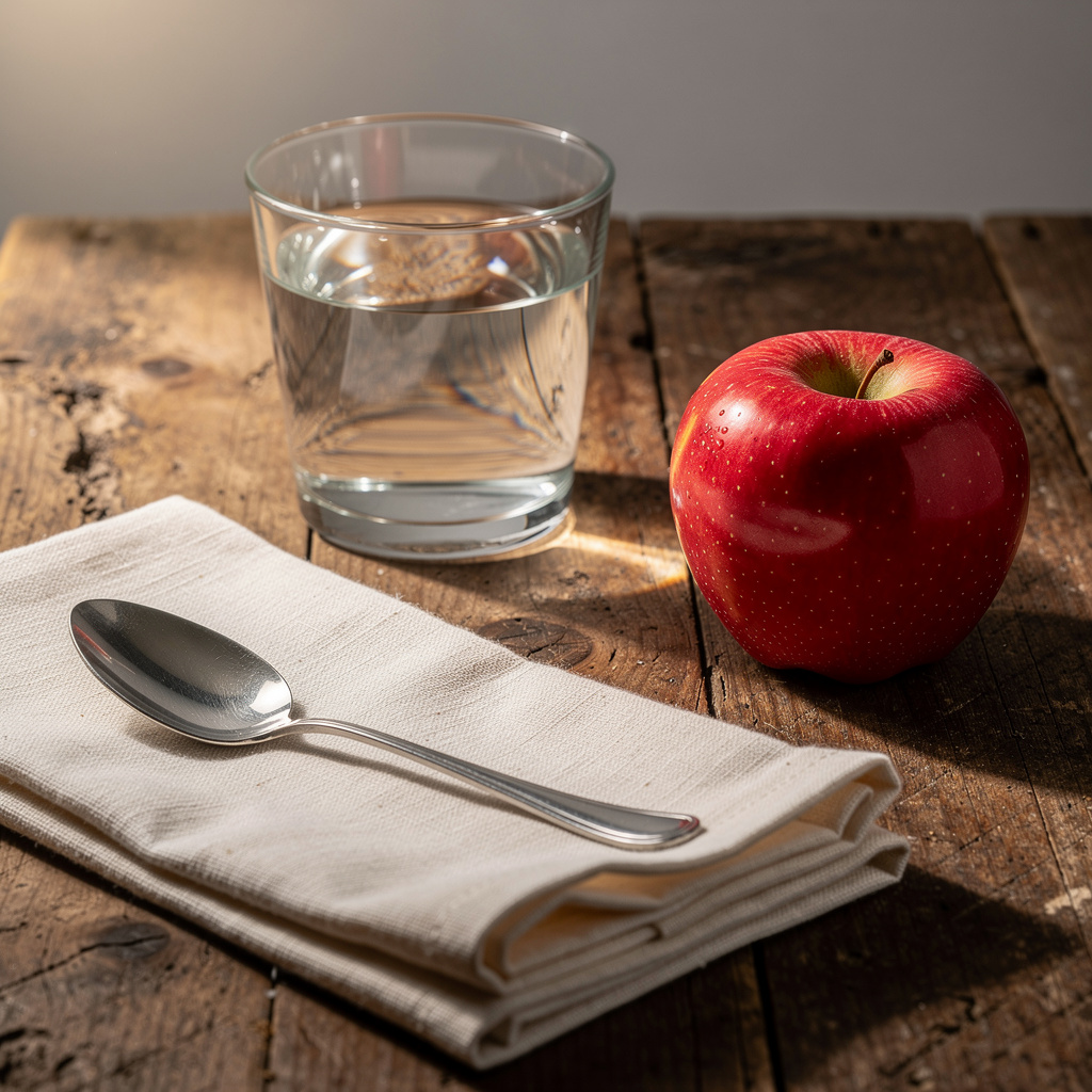 A still life on a wooden table featuring a clear glass of wa