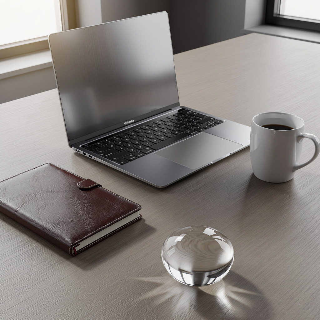 A workspace desk with a brushed aluminum laptop, a leather-b