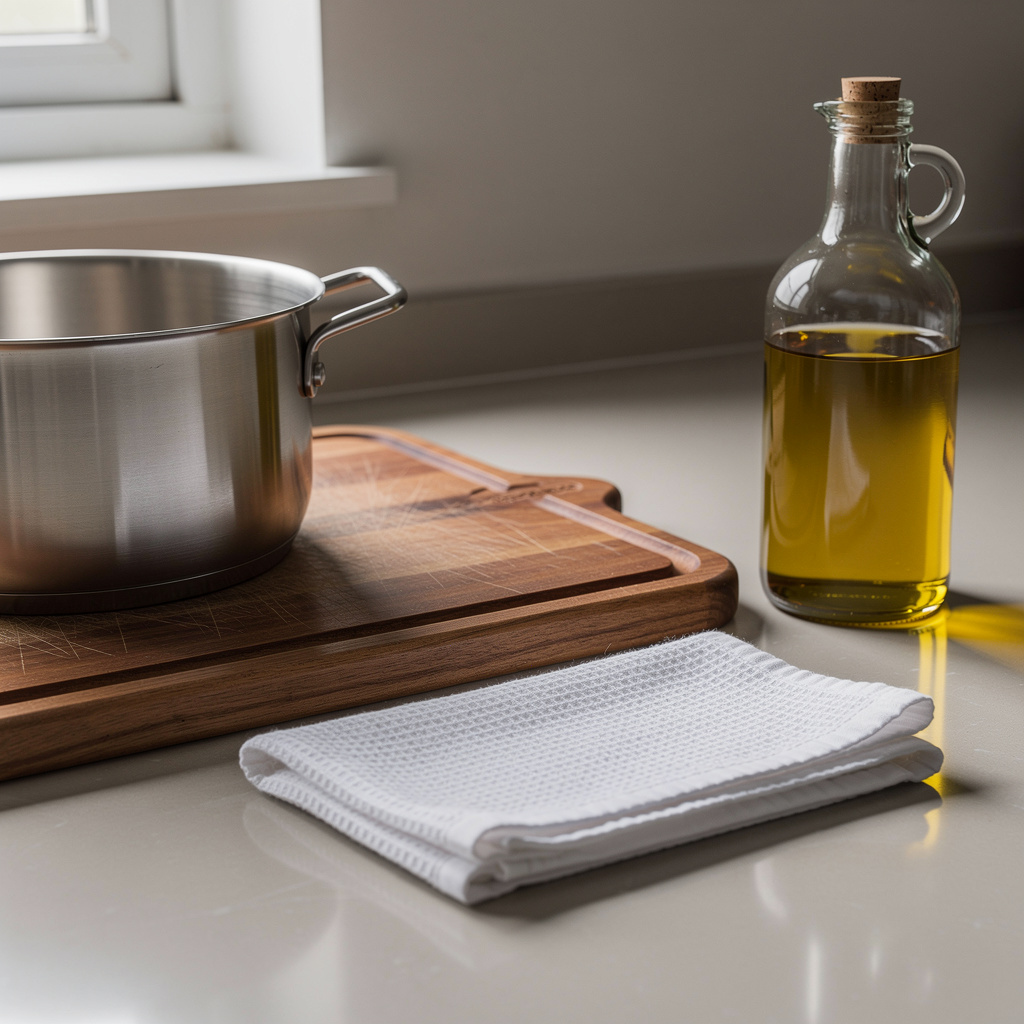 A kitchen counter with a stainless steel pot, a wooden cutti