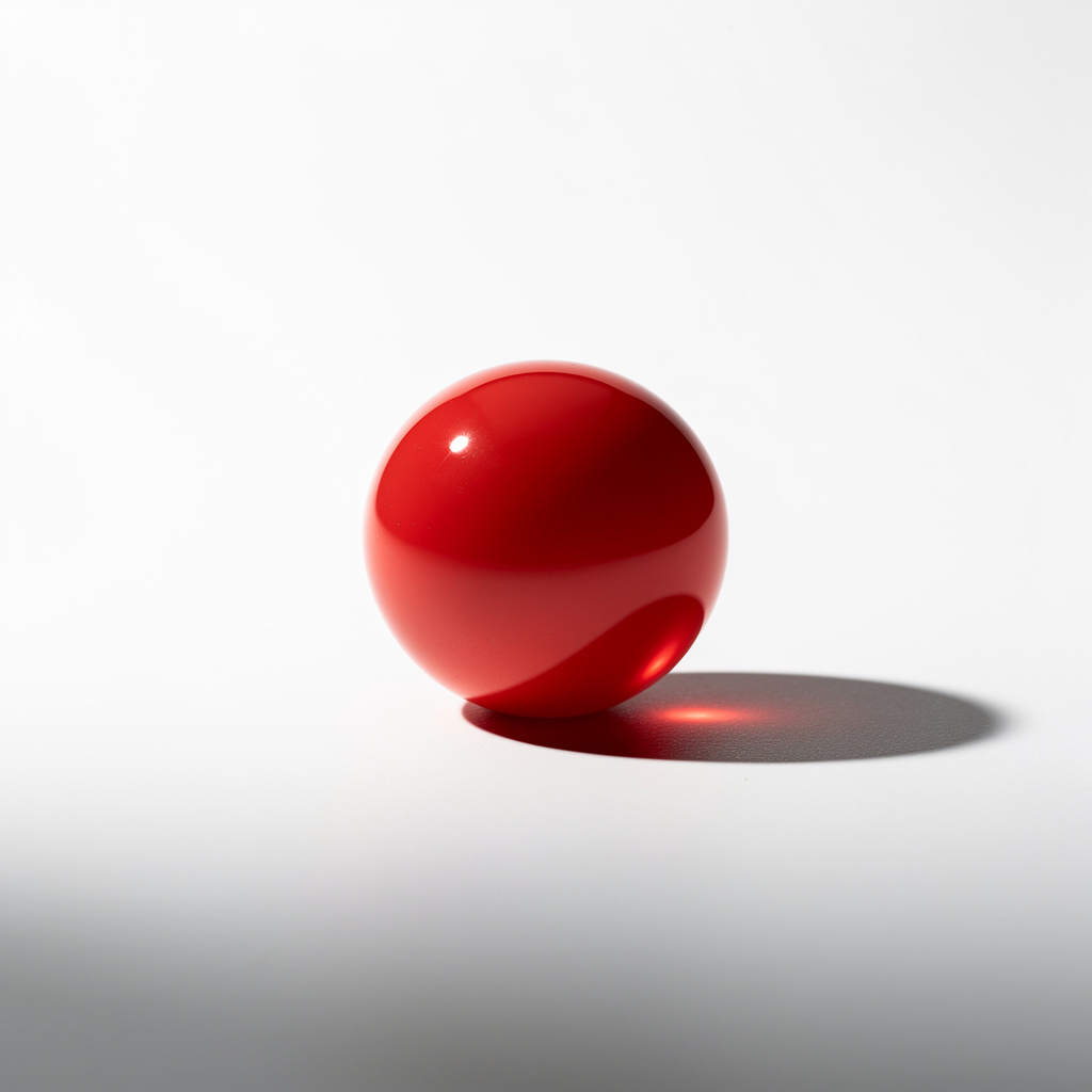 A red sphere on a white surface with a single shadow cast to