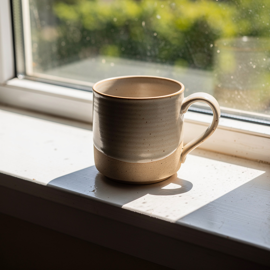 A coffee mug on a sunny windowsill casting a sharp shadow to