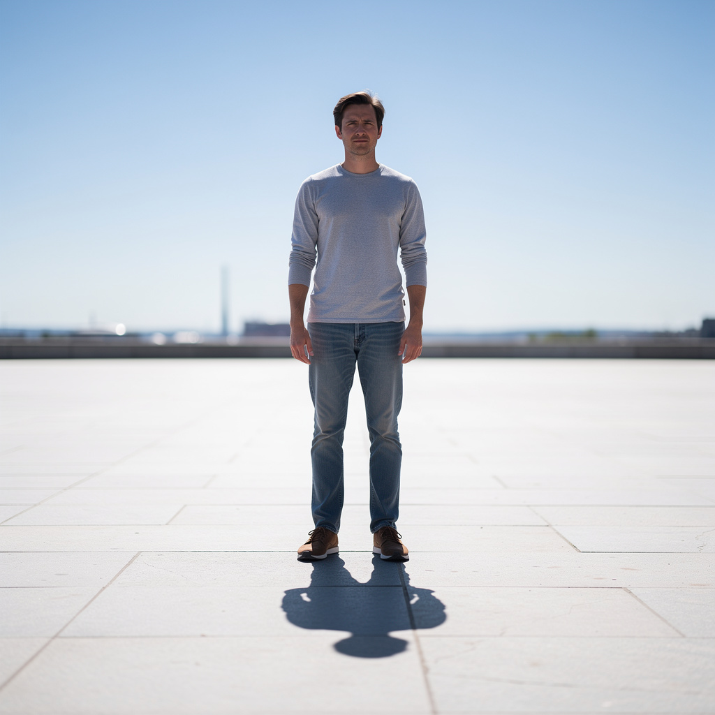 A person standing outdoors at midday with a short shadow dir