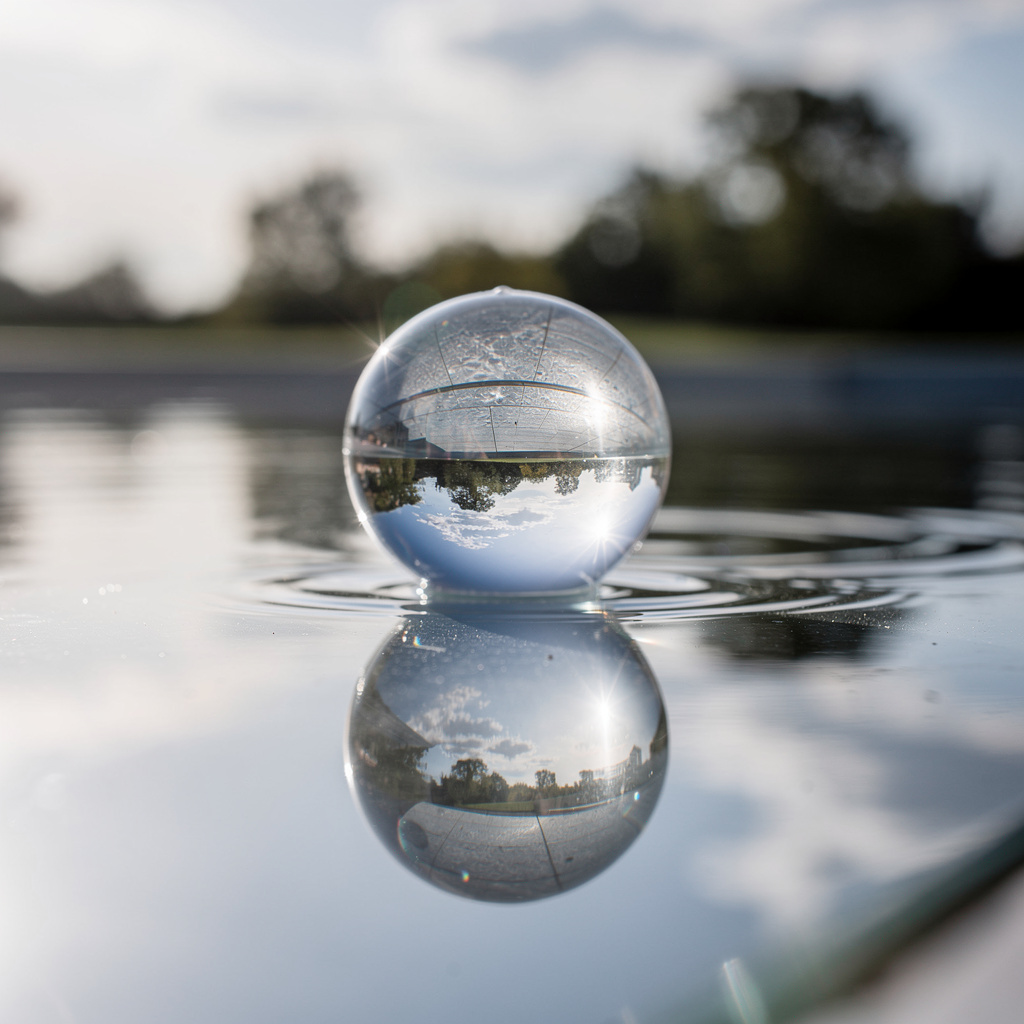 A clear glass sphere sitting on a mirror surface near a pool