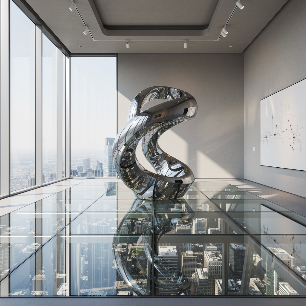 A chrome sculpture in a room with a glass floor and large wi