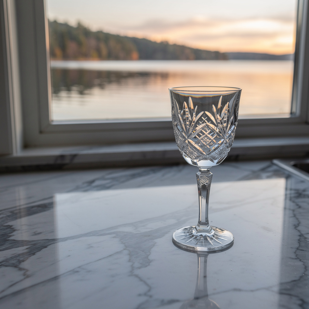 A crystal wine glass on a polished marble counter next to a 