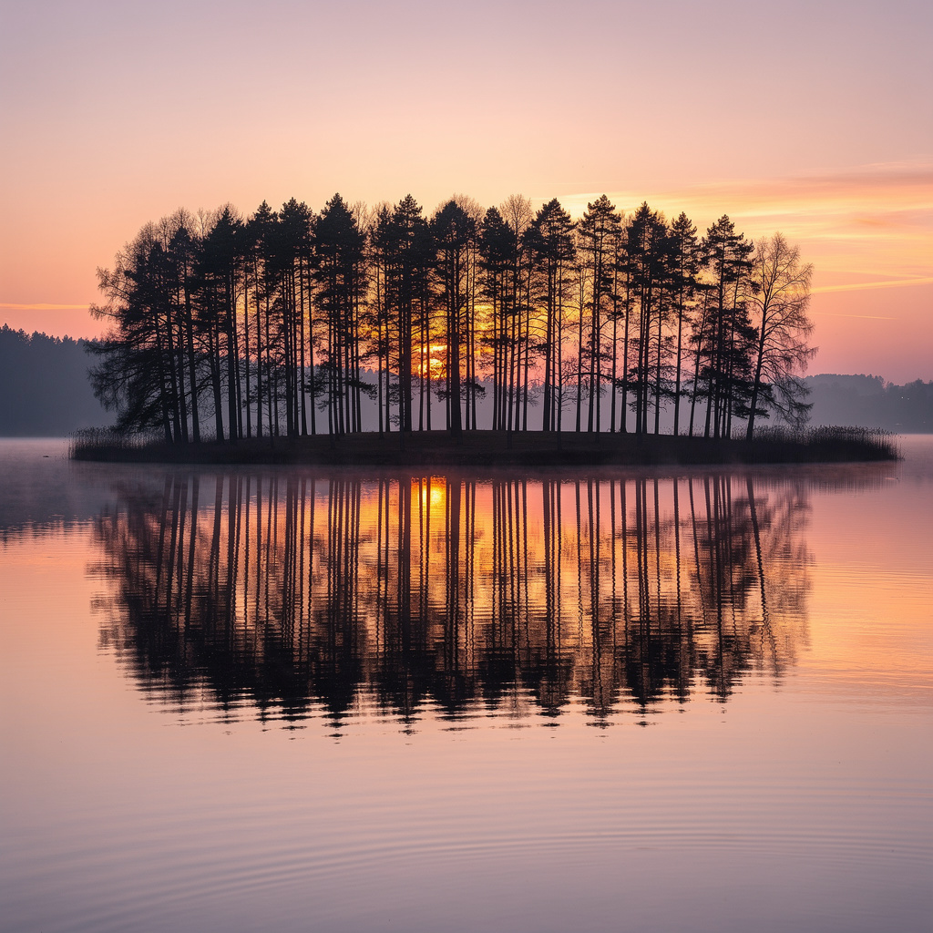 A row of trees reflected in a calm lake at sunset, with the 