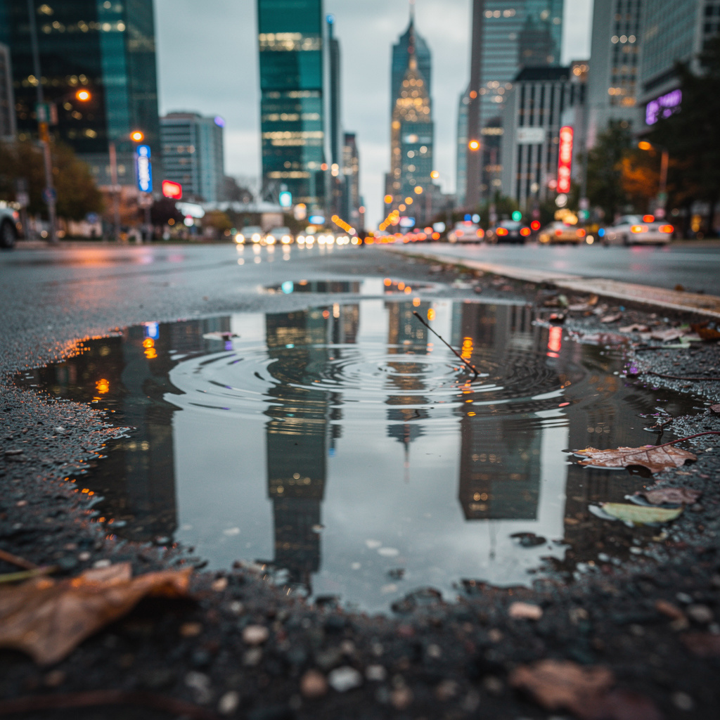 A city skyline reflected in a rain puddle on a street, with 