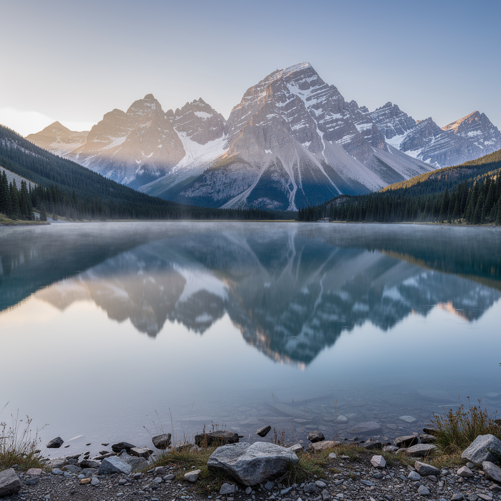 A mountain range reflected in a still alpine lake, with the 