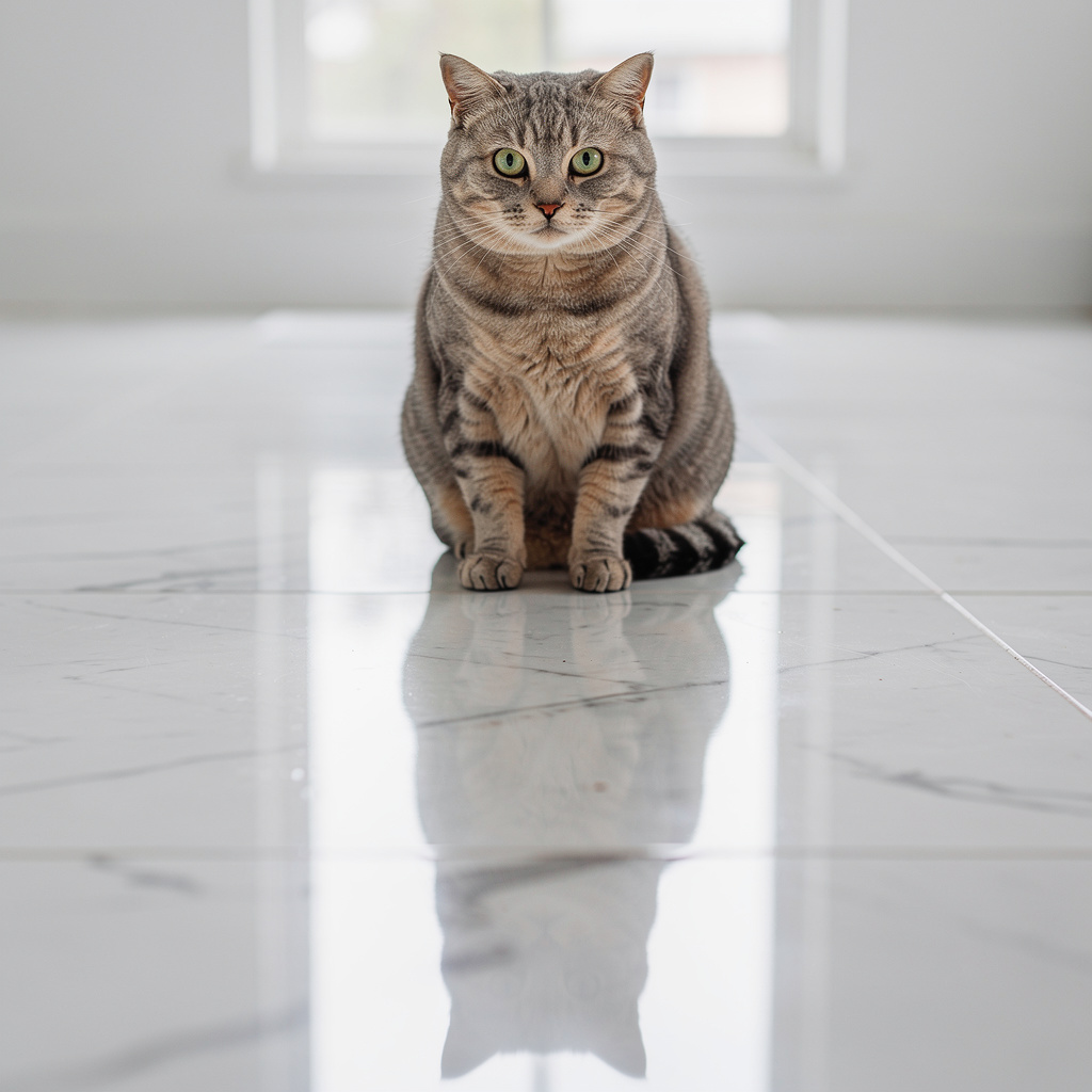A cat sitting on a polished marble floor with its reflection