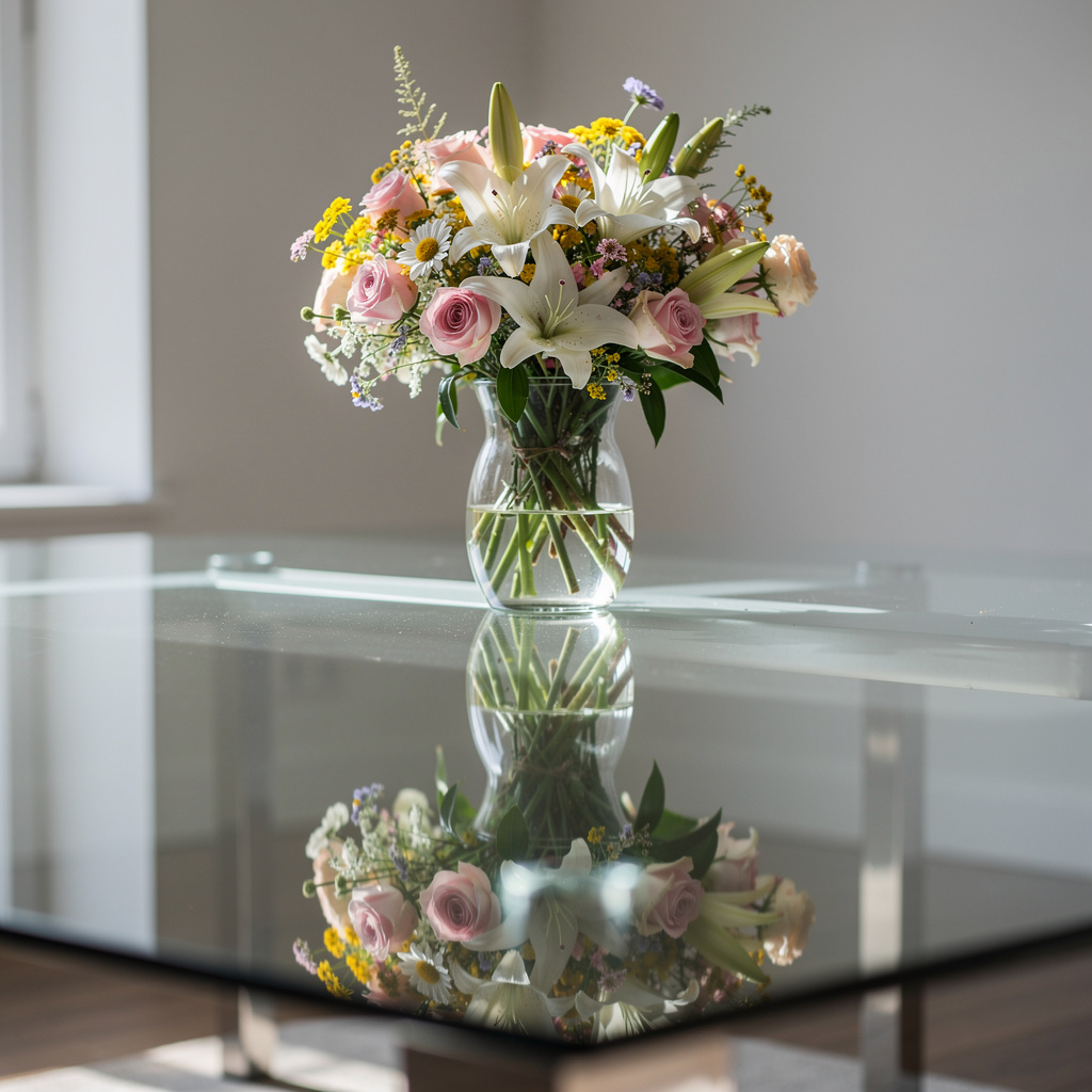 A vase of flowers on a glass table with a clear reflection v