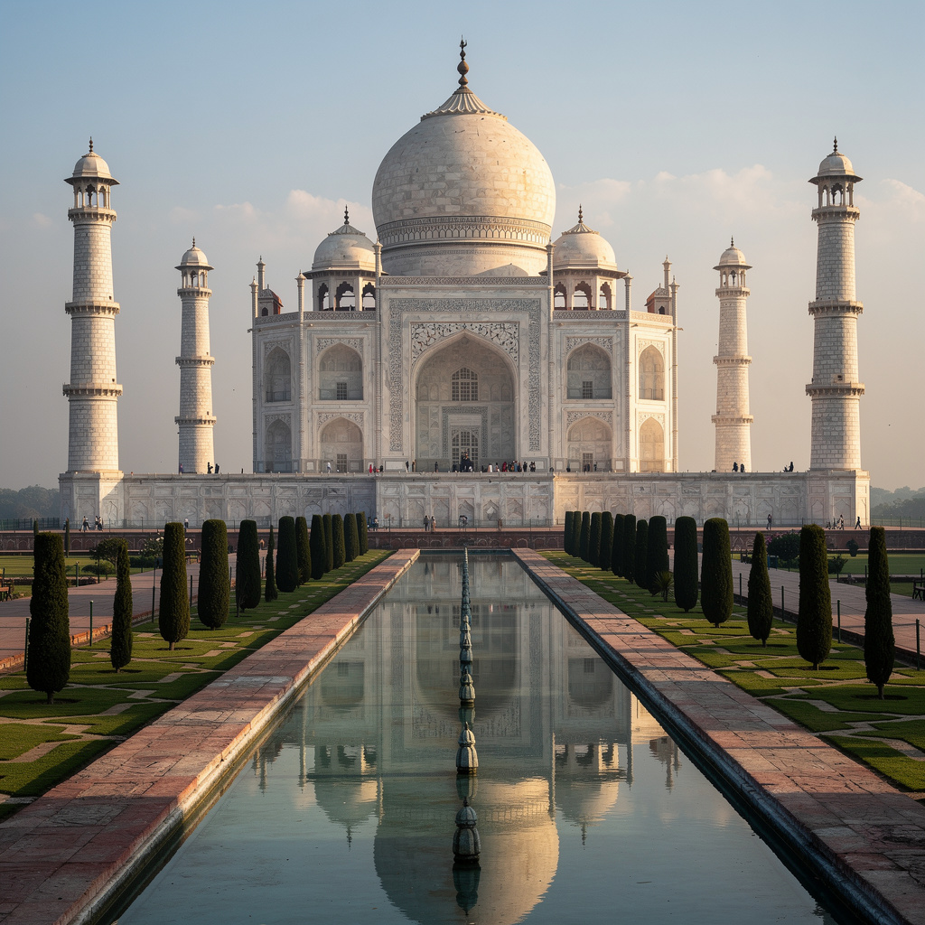 The Taj Mahal in Agra seen from the reflecting pool, with ac