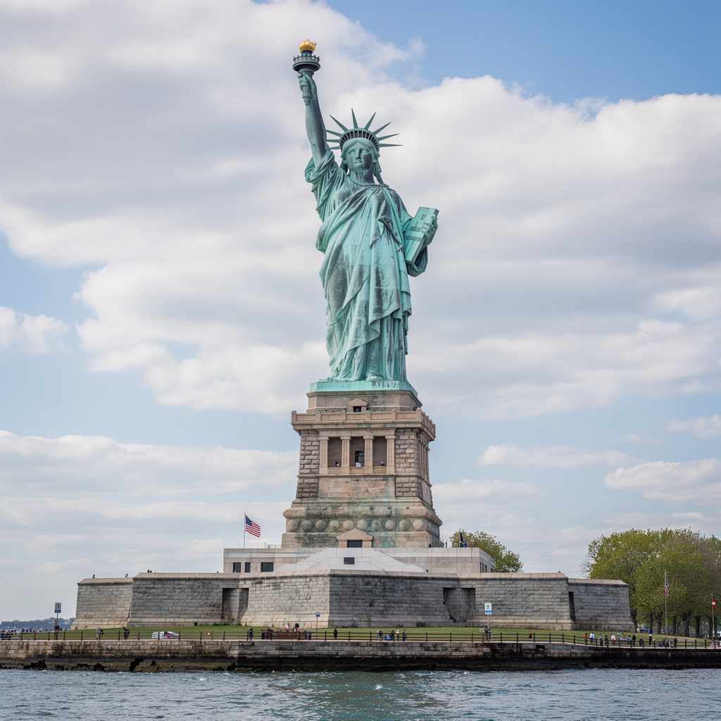 The Statue of Liberty on her island pedestal, with correct t