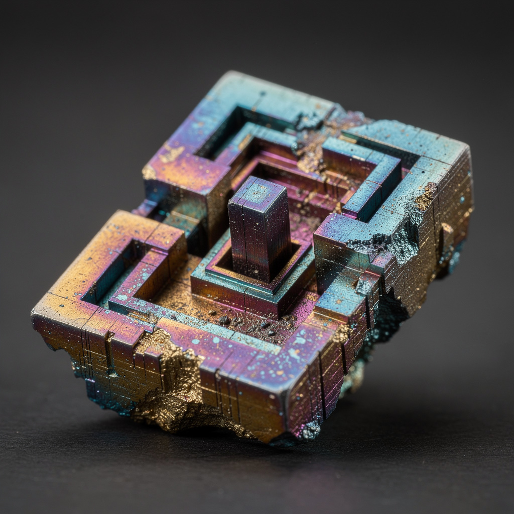 A specimen of bismuth crystal showing accurate iridescent ox
