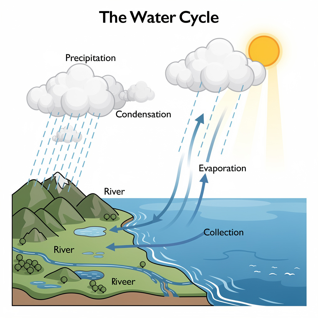 A detailed diagram of the water cycle showing evaporation fr