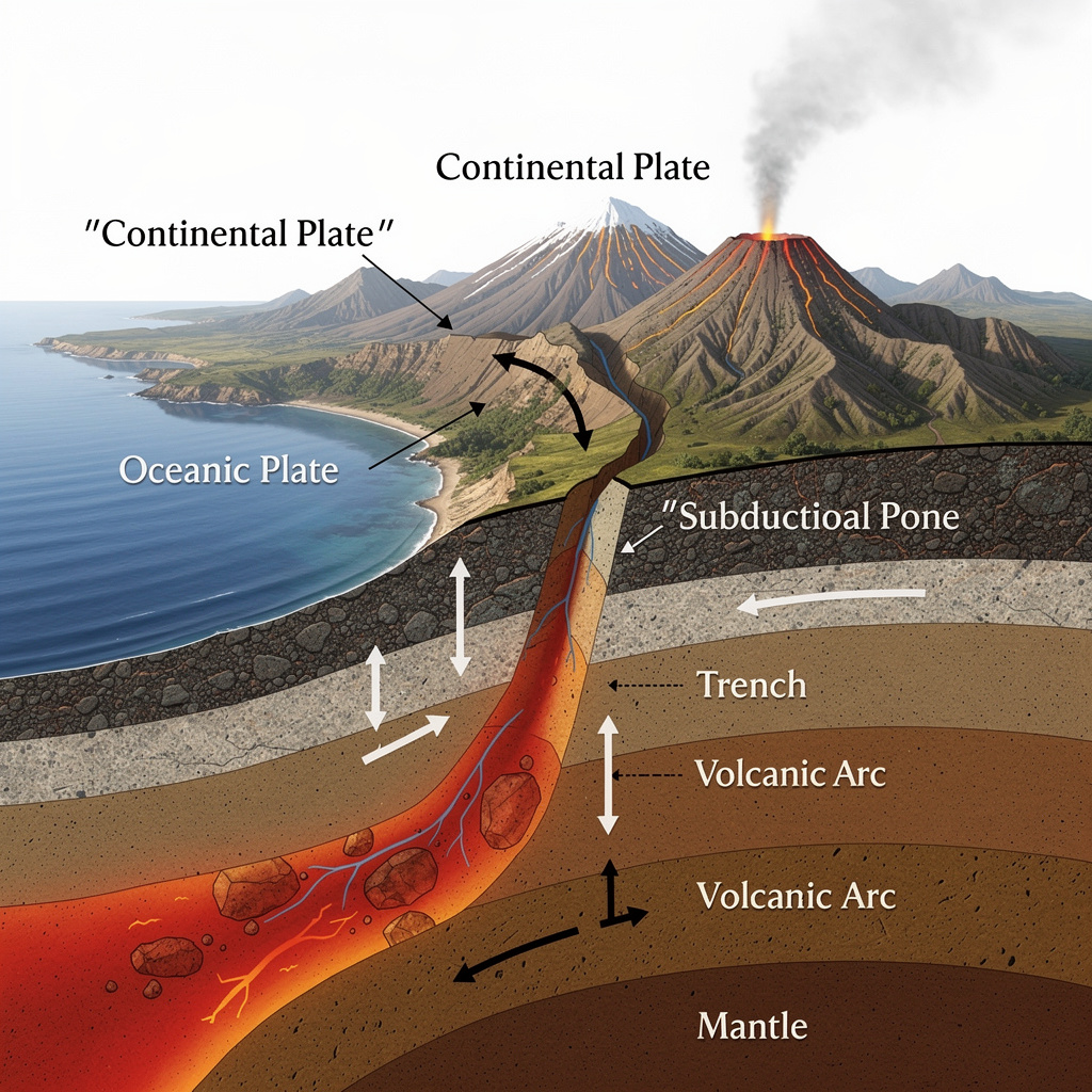 A cross-section showing tectonic plates at a convergent boun