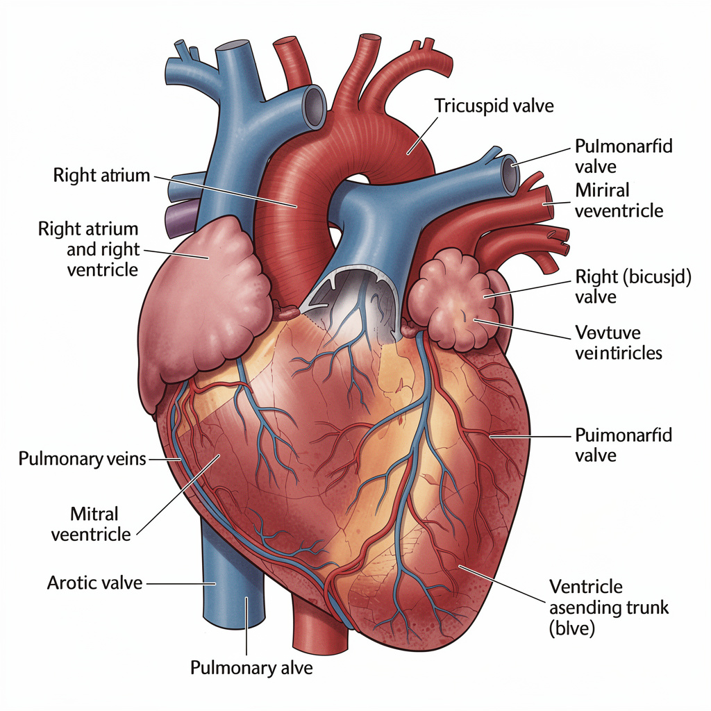 An anatomical illustration of the human heart showing four c