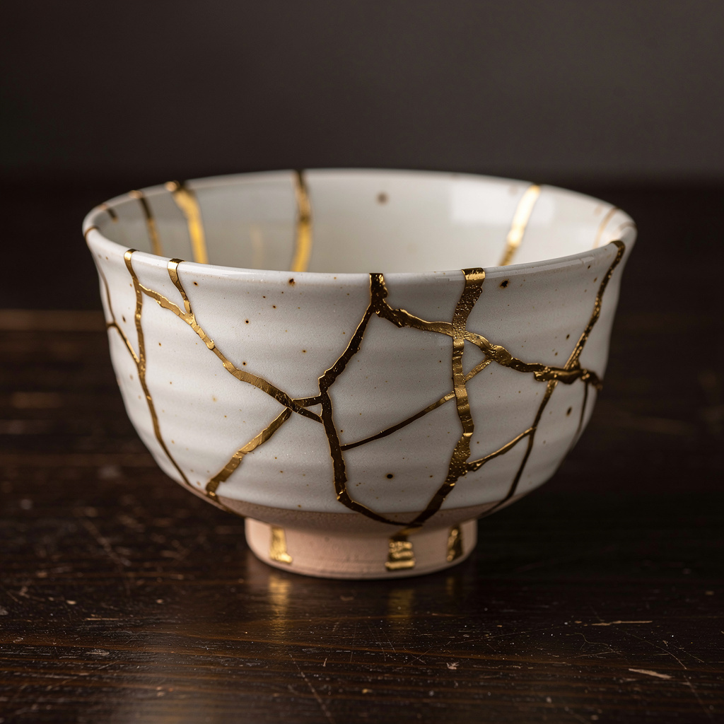 A Japanese kintsugi bowl — cracked ceramic repaired with vis