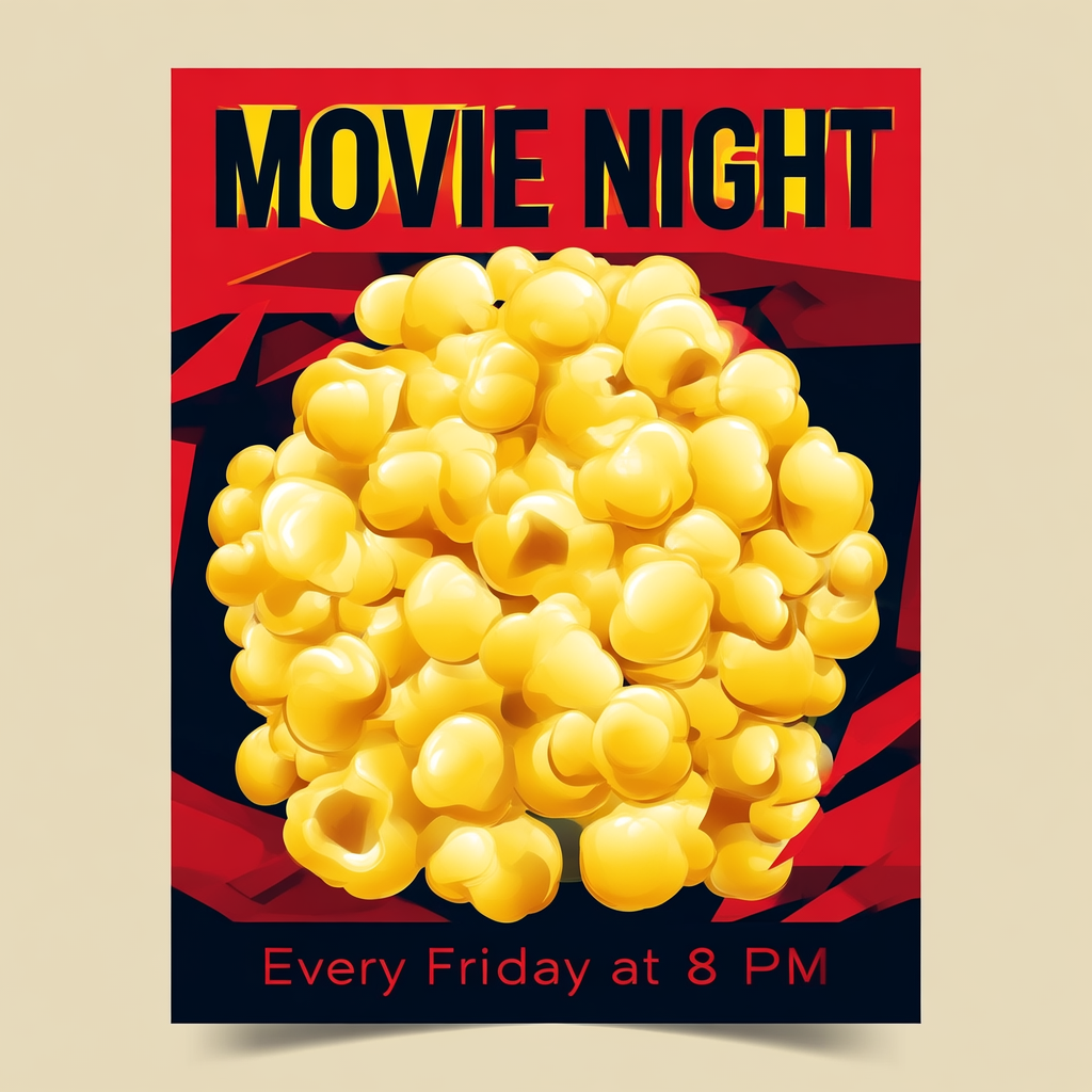 A movie night poster with a large popcorn image in the cente