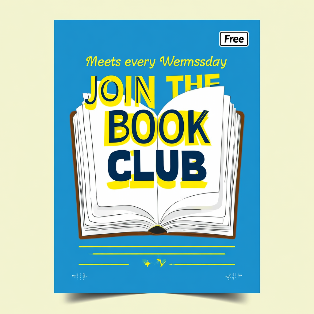 A book club poster with an open book illustration, the title