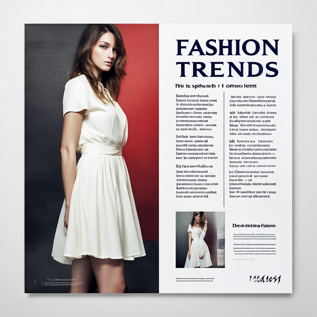 A fashion magazine spread with a full-bleed left-page photo,