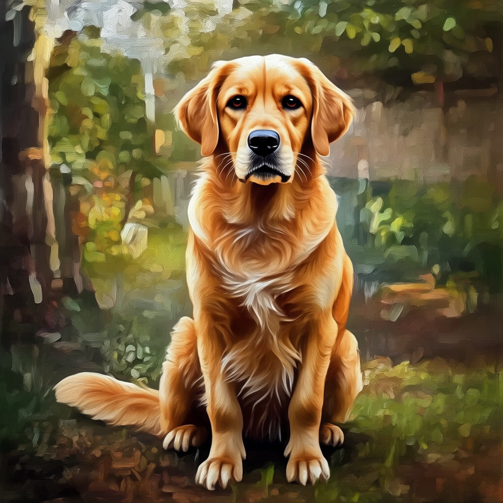A golden retriever sitting in a garden, painted in the style