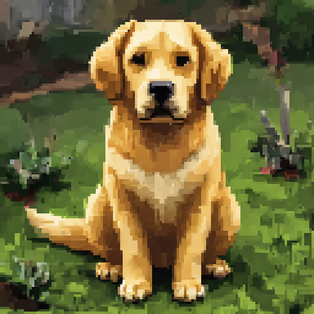 A golden retriever sitting in a garden, rendered in pixel ar