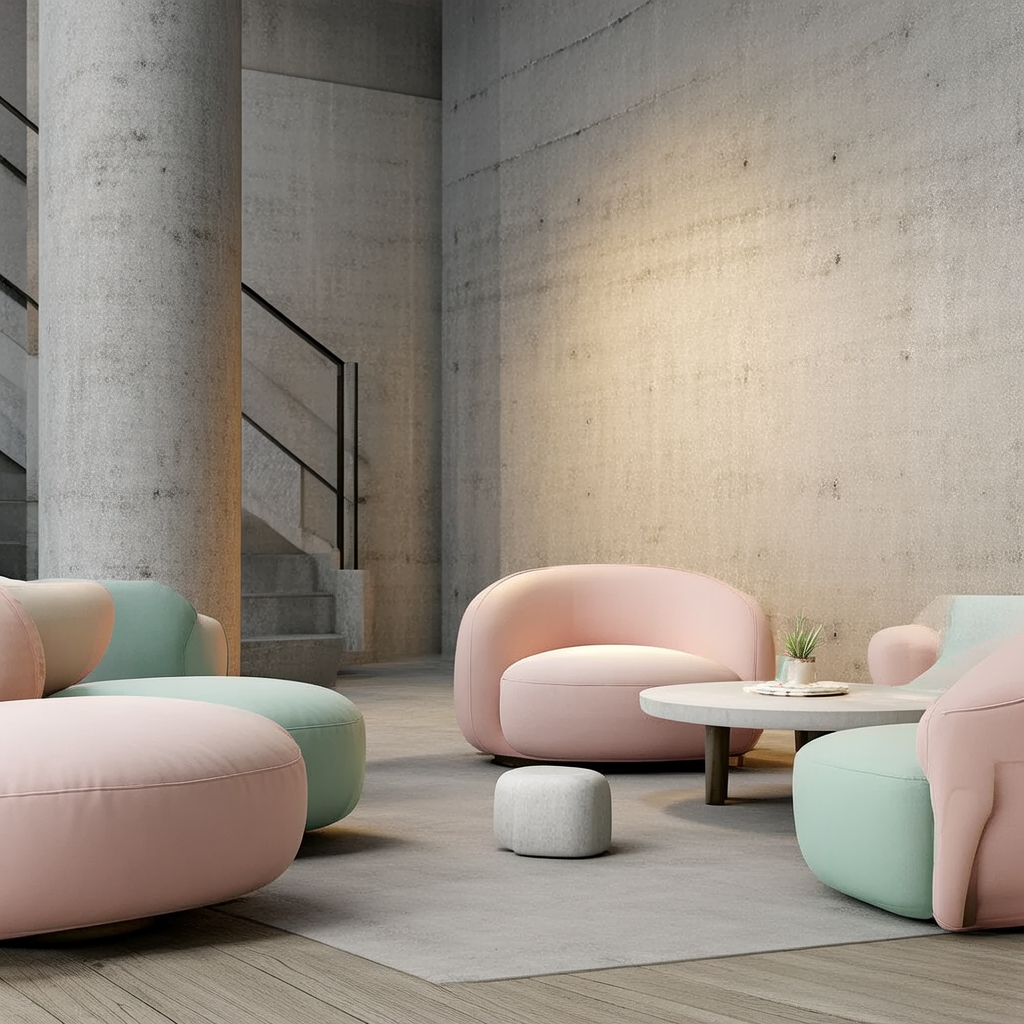 An interior scene rendered in soft brutalism — raw concrete 