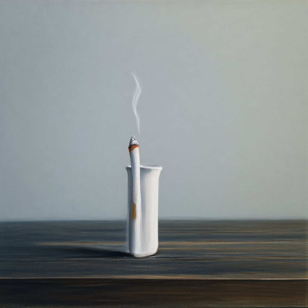 A still life painted in anxious minimalism — sparse composit