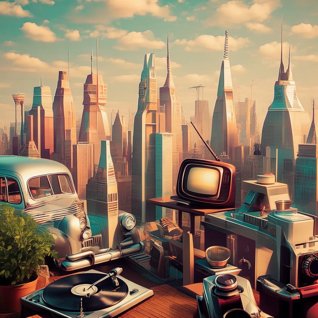 A cityscape rendered in nostalgic futurism — retro-futuristi
