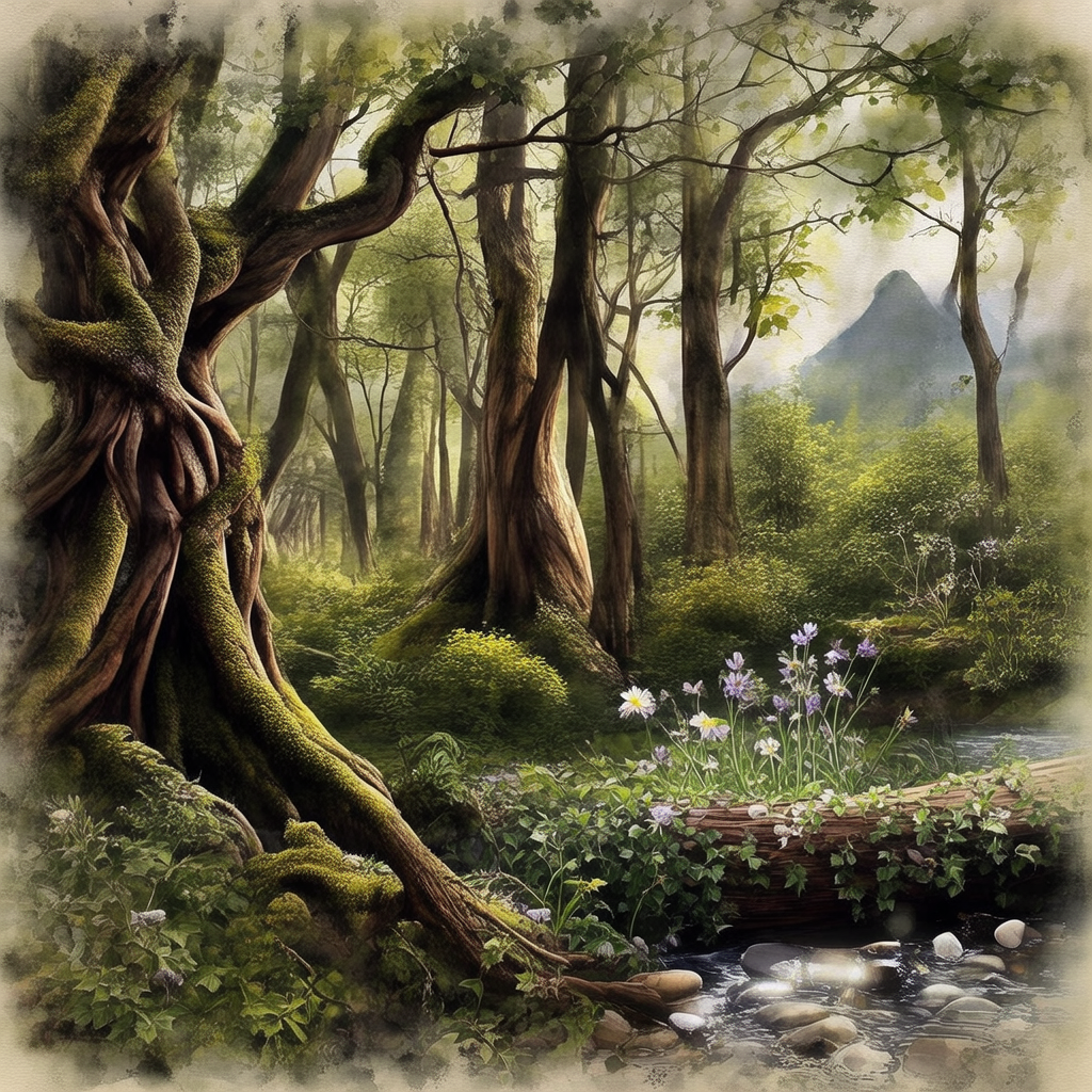 A forest rendered in photorealistic watercolor — the detail 