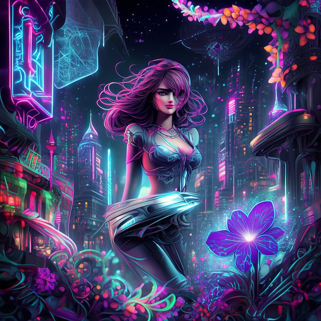 A woman in a futuristic city rendered in cyberpunk Art Nouve