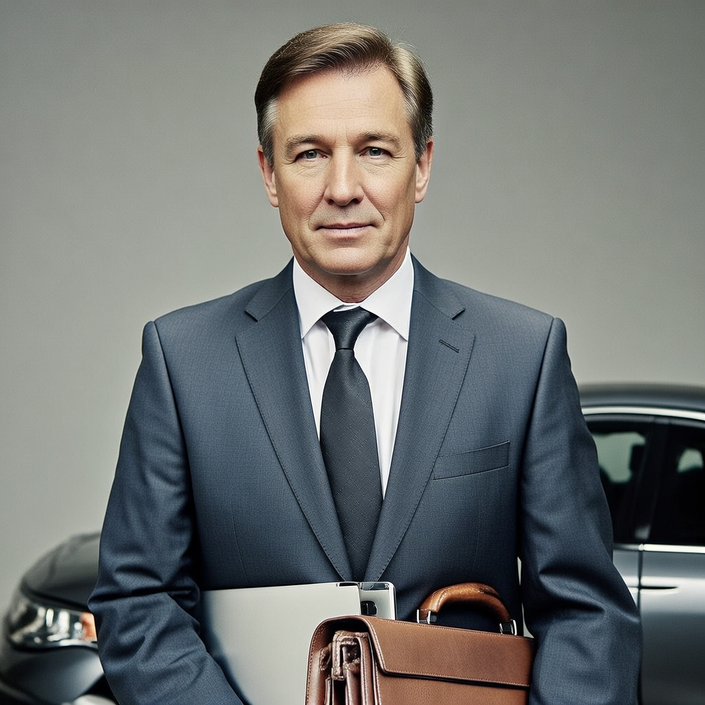 A portrait of a middle-aged man with a calm, serious express