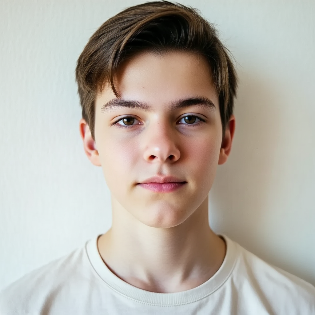 A headshot of a teenager with a relaxed, neutral face