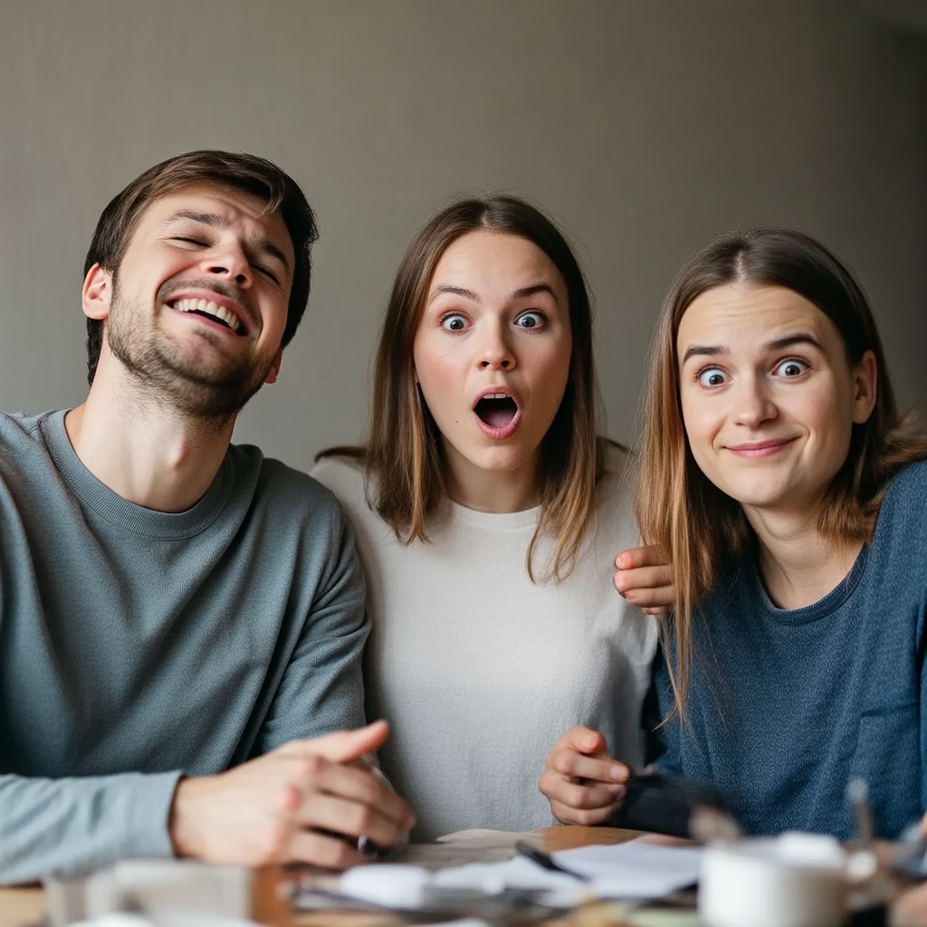 A group of three friends at a table: one laughing with head 