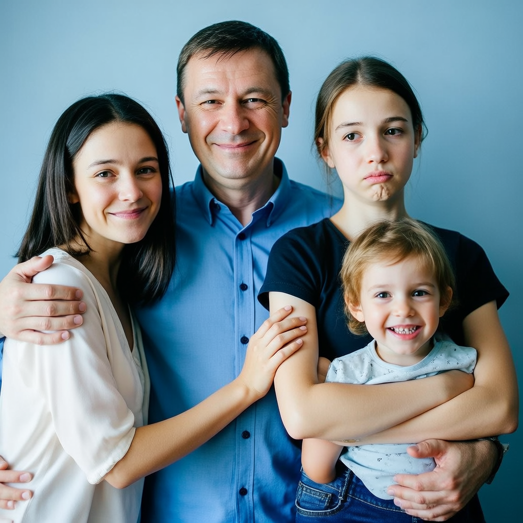 A family photo with four people: a father beaming with pride